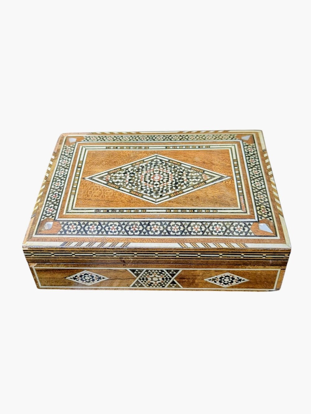 Vtg Middle Eastern Carved Walnut Inlay Wood Mother of Pearl Mosaic Box Hand Made